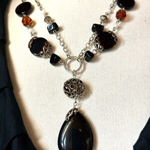 Gorgeous Traci Lynn Black Teardrop Pendant, Bead Cap Necklace